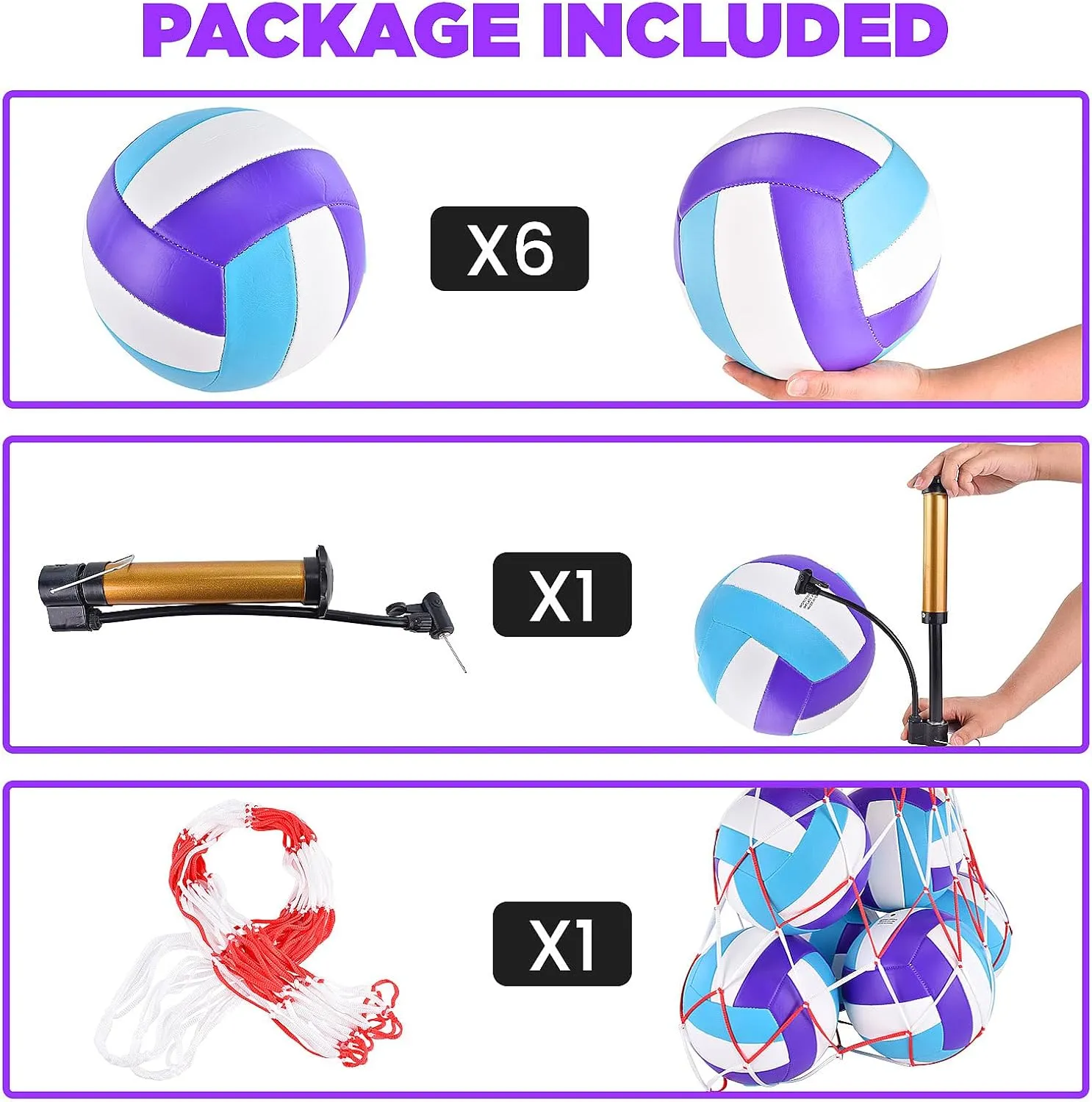 6 Pack Volleyballs Official Size 5, Waterproof Soft Bulk Recreational Volley Balls with Pump and Net Bag for Indoor Outdoor Beach Pool Water Sand Game Training Match for Beginner Teenager