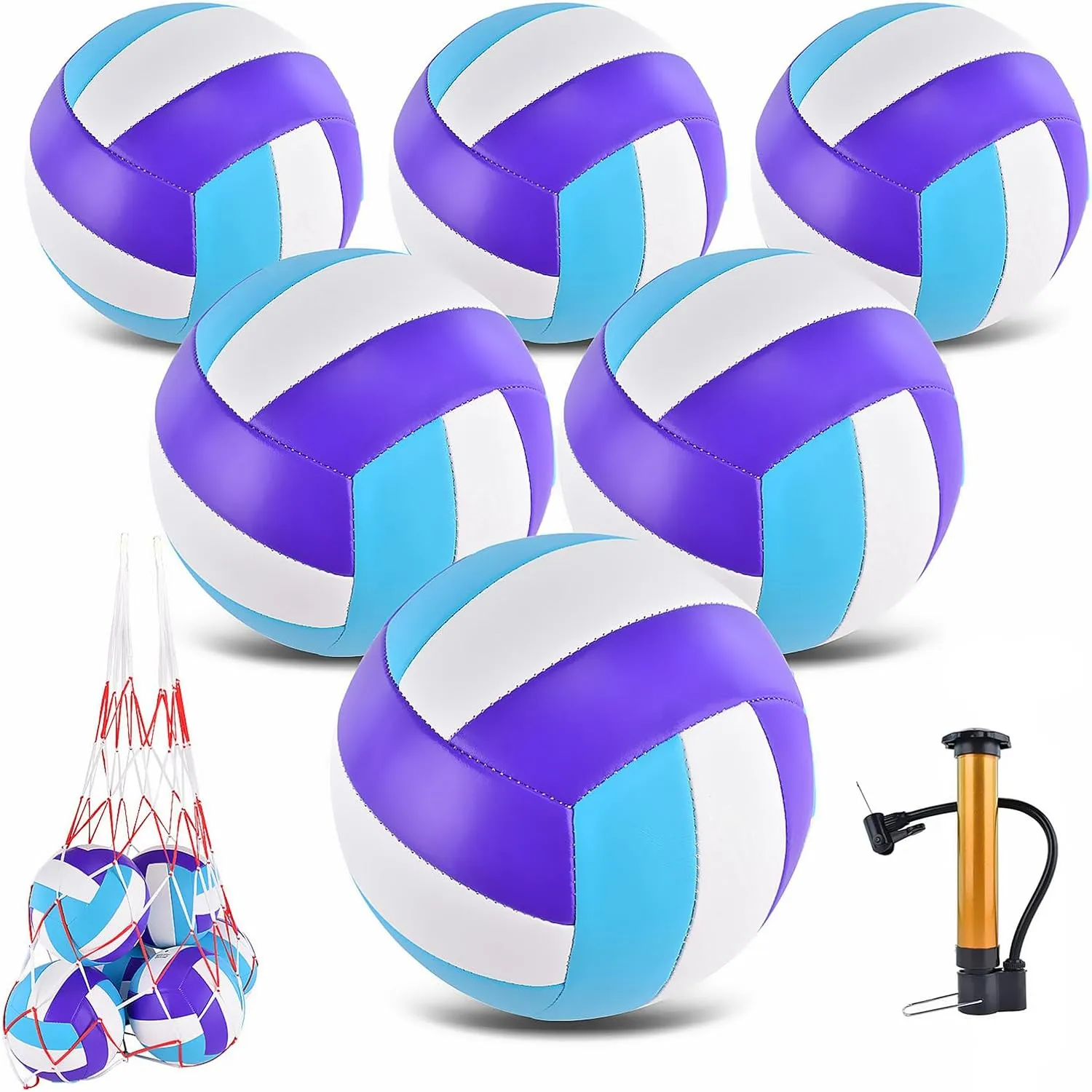 6 Pack Volleyballs Official Size 5, Waterproof Soft Bulk Recreational Volley Balls with Pump and Net Bag for Indoor Outdoor Beach Pool Water Sand Game Training Match for Beginner Teenager