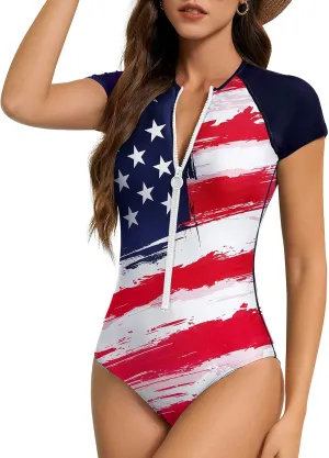 American Trends One Piece Swimsuit Womens Short Sleeve Swimsuits 2025 Bathing Suit Mock Neck Zipper Rash Guard Swimsuit