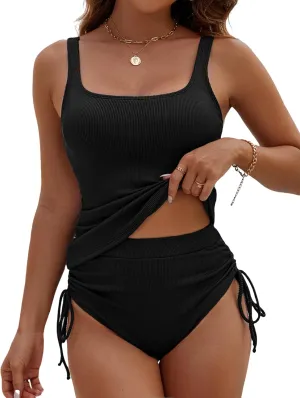BMJL Womens Two Piece Tankini Ribbed Tummy Control Swimsuits Ruched Full Coverage Bathing Suits Swim Suit 2025