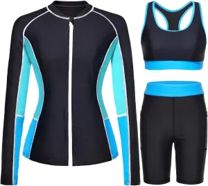 Daci Women Three Piece Rash Guard - 3PC Long Sleeve Zip up Swim Shirt Sports Bra with Boyleg Shorts