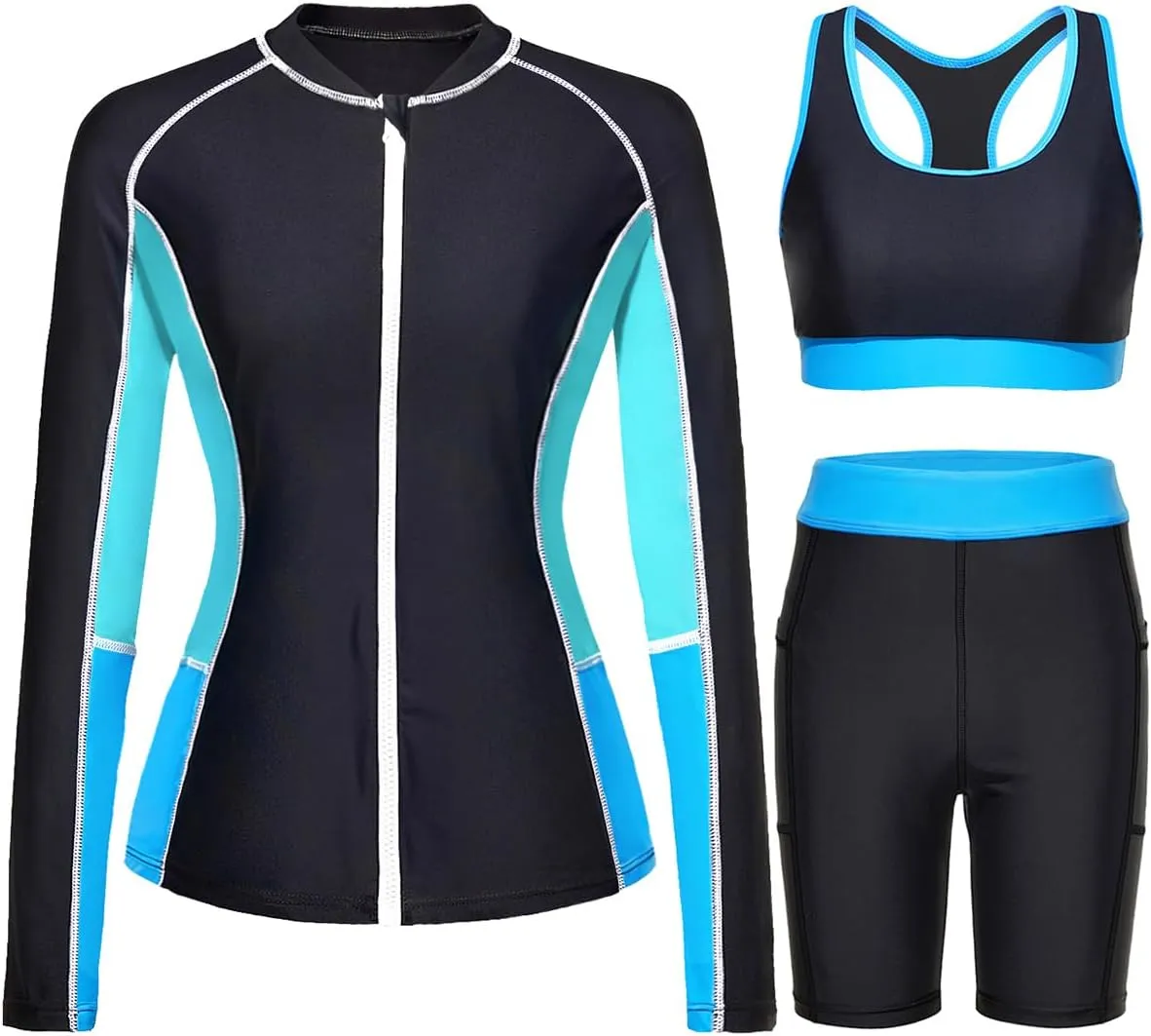 Daci Women Three Piece Rash Guard - 3PC Long Sleeve Zip up Swim Shirt Sports Bra with Boyleg Shorts