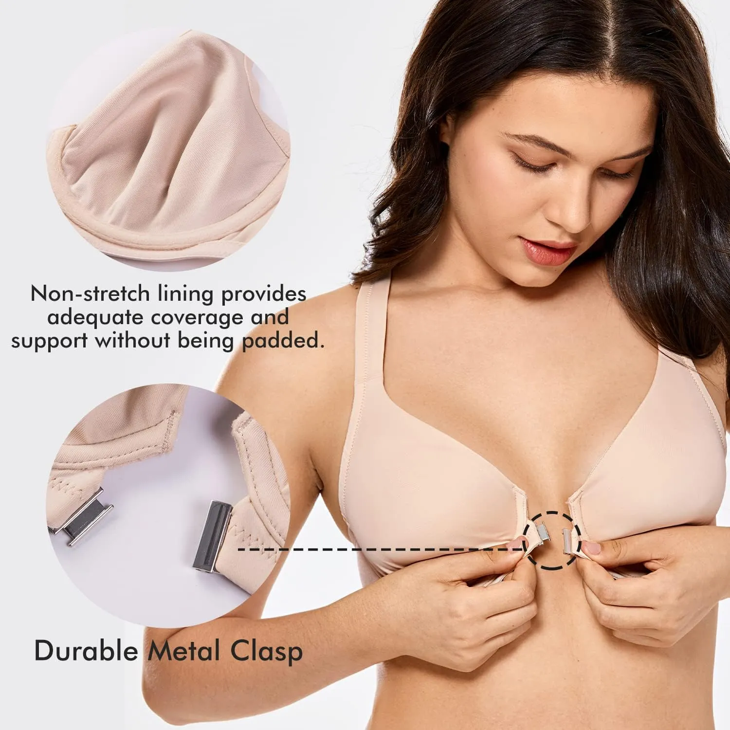 DELIMIRA Women's Front Closure Racerback Bras Plunge Unlined Underwire Full Coverage Seamless Bra B-H Cups