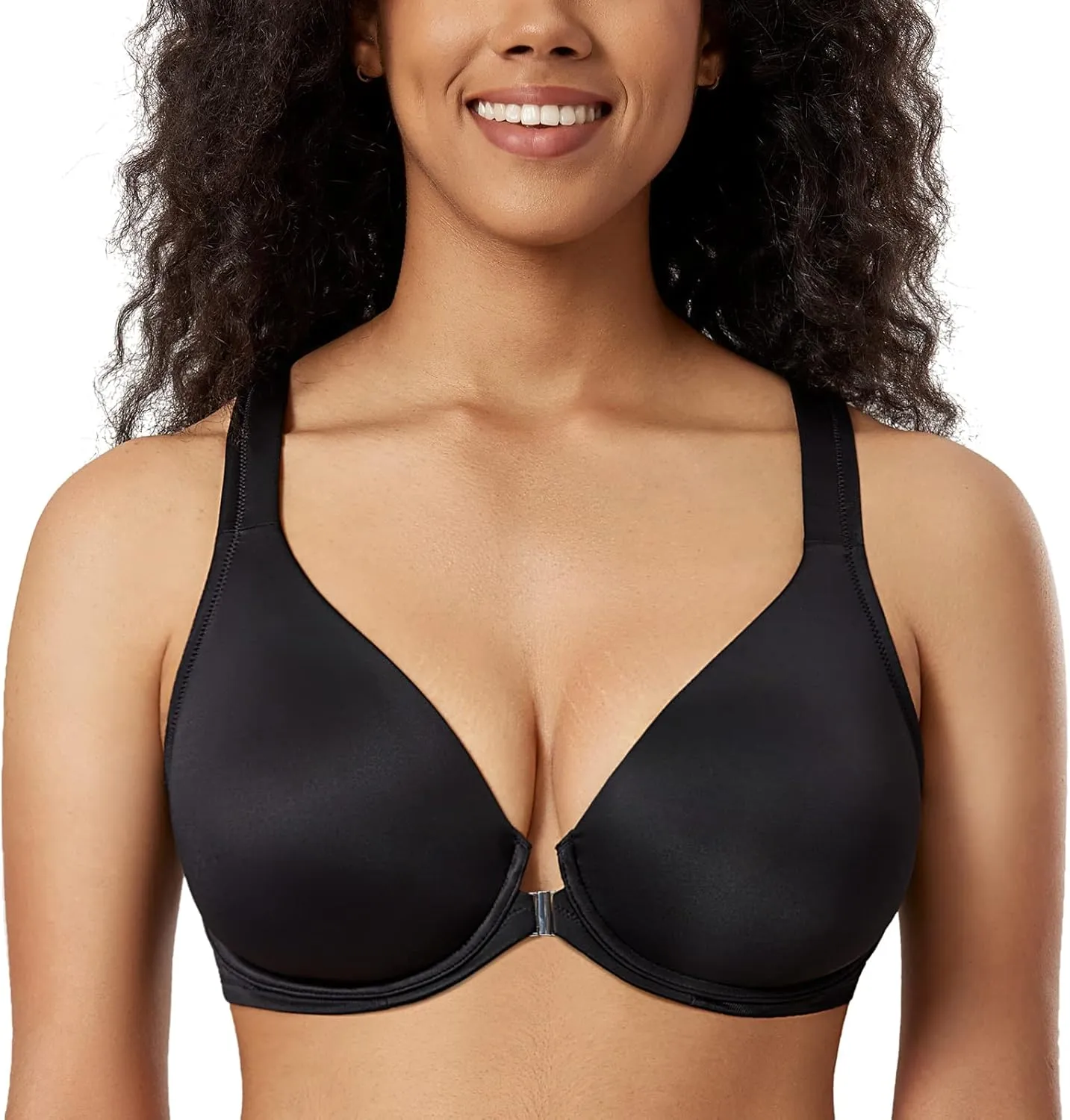DELIMIRA Women's Front Closure Racerback Bras Plunge Unlined Underwire Full Coverage Seamless Bra B-H Cups
