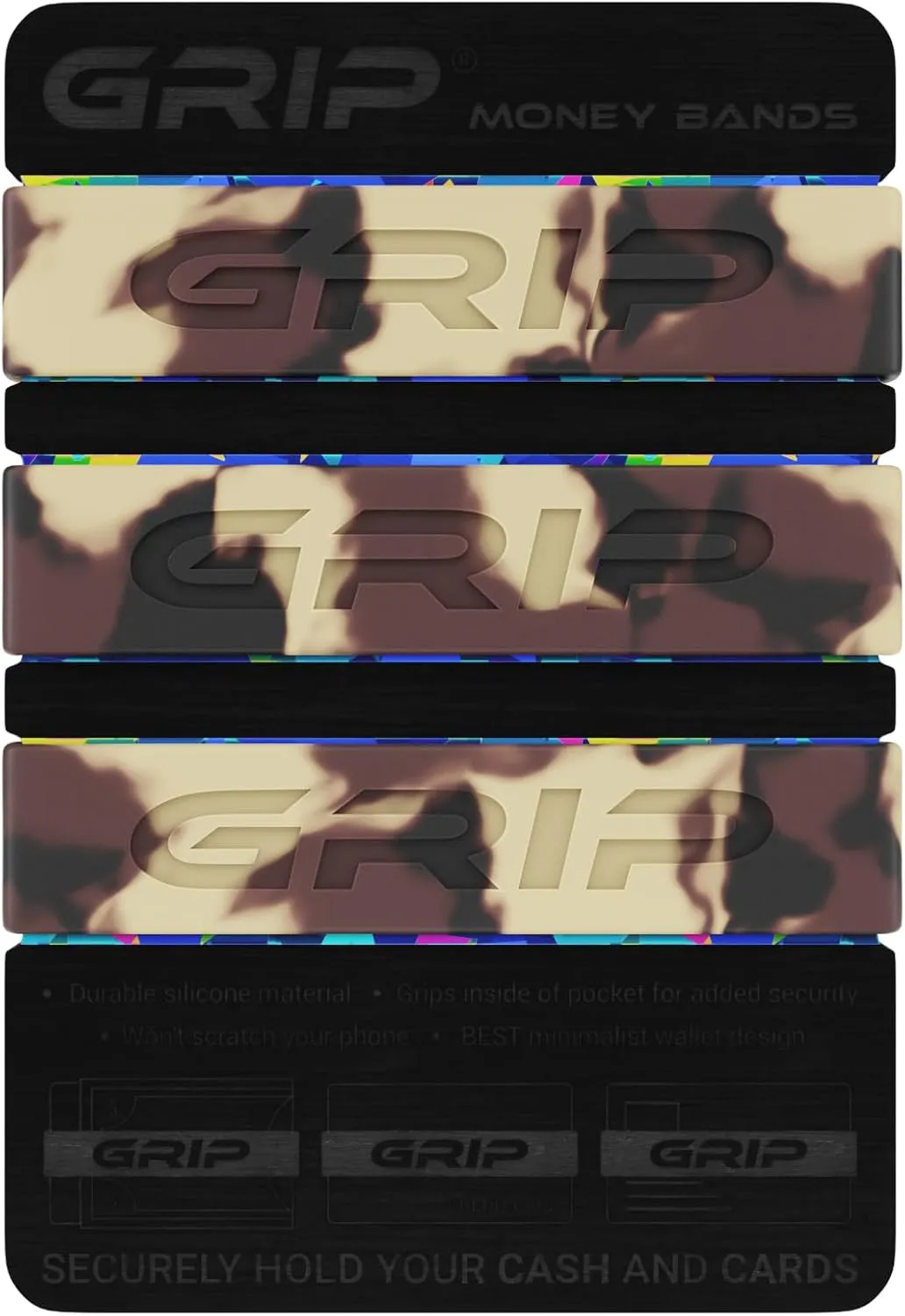 Grip Money Bands (Pack of 3) - JUNGLE CAMO - Premium Silicone Band for Cash & Cards - Slim & Durable Design