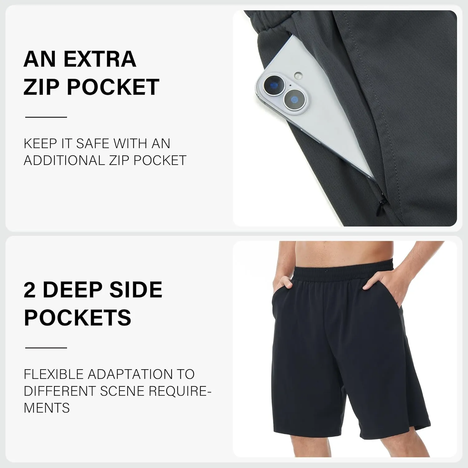 HQUEC Men's Athletic Shorts with Zipper Pockets 10" Lightweight Quick Dry Basketball Workout Shorts for Running Casual