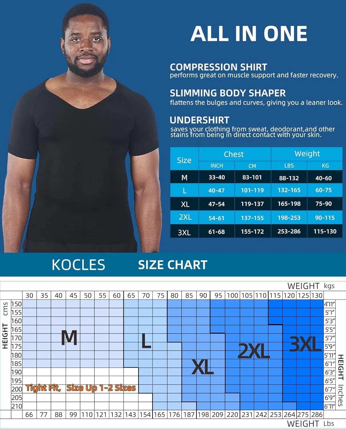 KOCLES Gynecomastia Compression Shirts for Men, Shapewear Slimming Body Shaper Undershirt, V-Neck Baselayer T-Shirt Workout