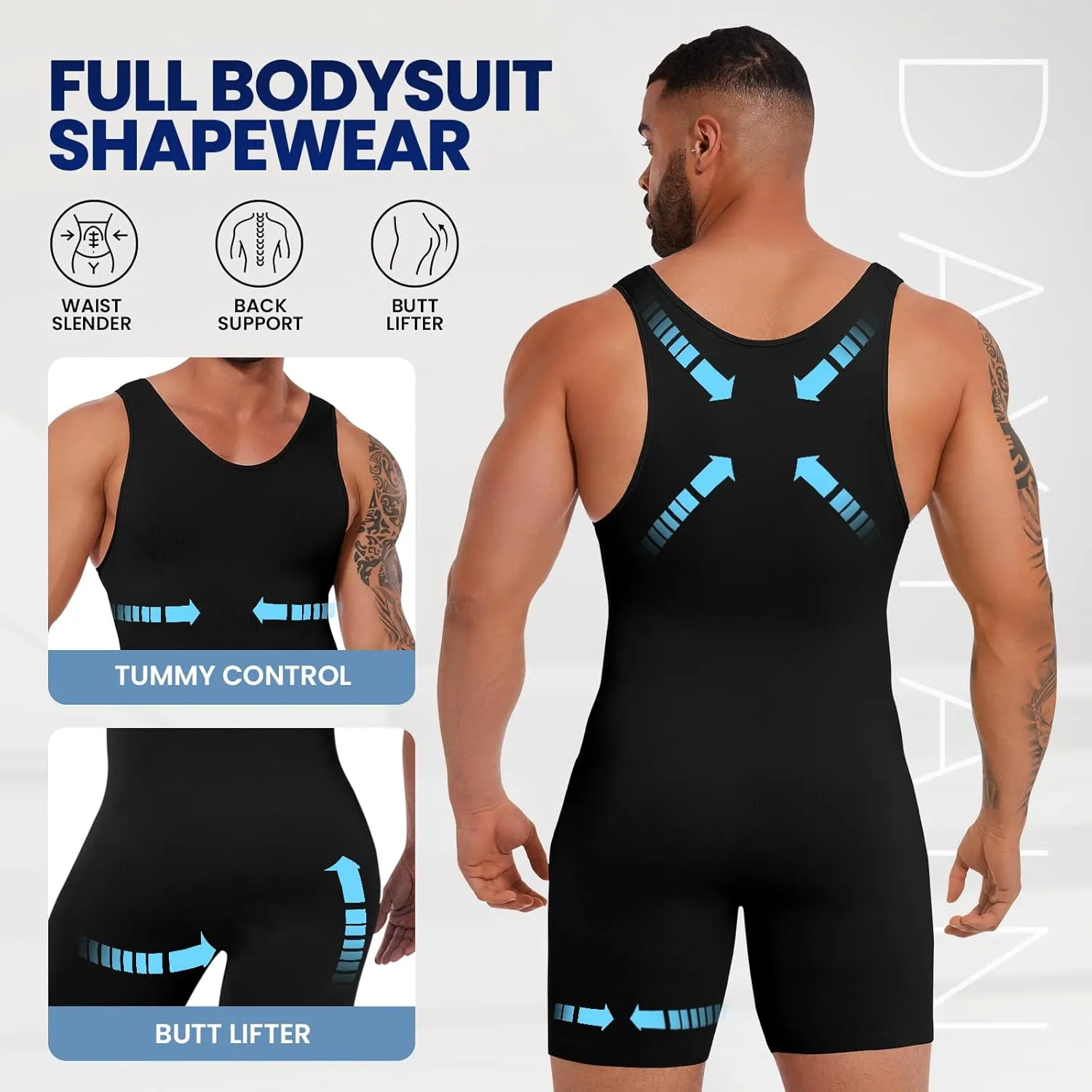 Mens Full Body Shaper Slimming Compression Bodysuit Shapewear Thigh Slimmer Tummy Control Fajas Para Hombres
