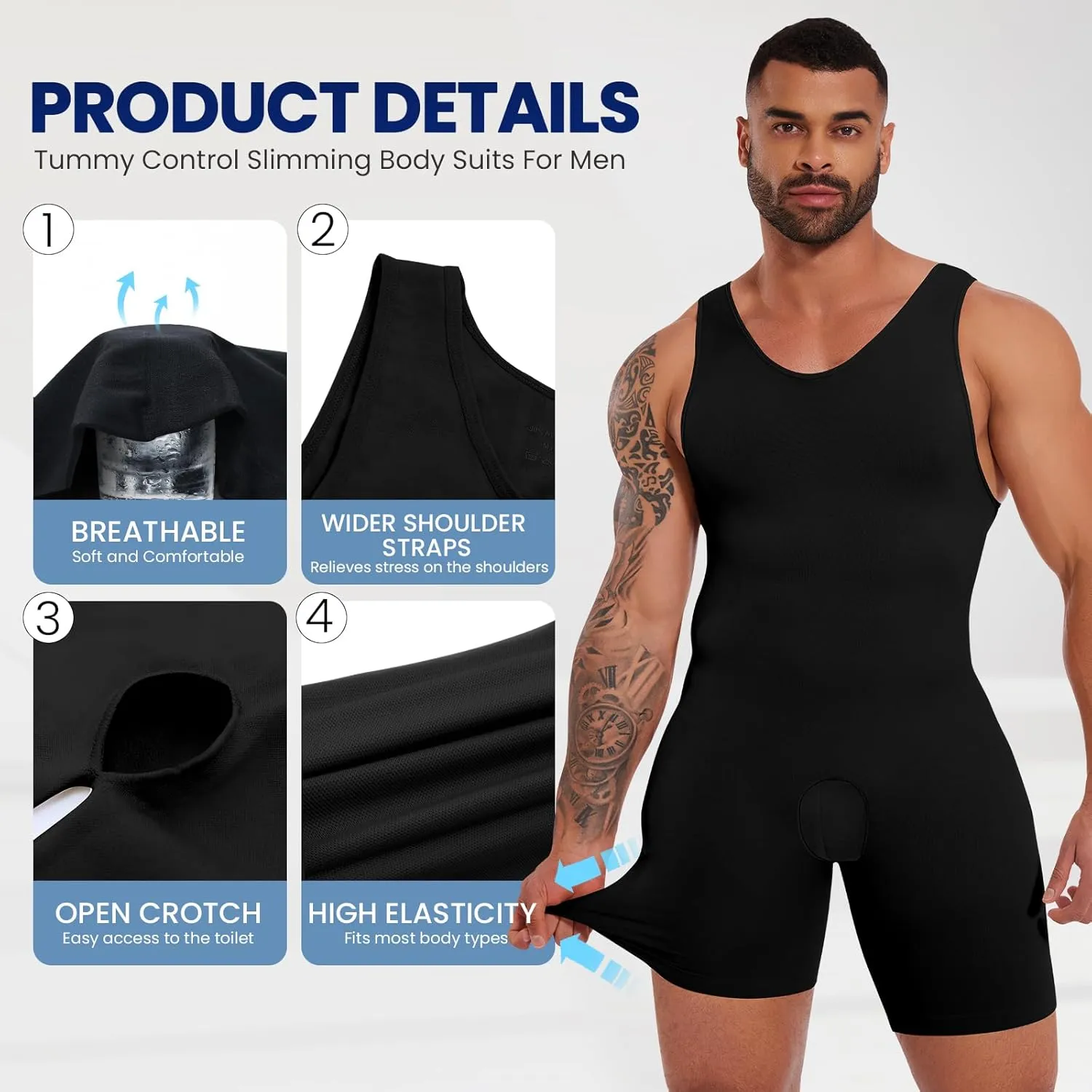 Mens Full Body Shaper Slimming Compression Bodysuit Shapewear Thigh Slimmer Tummy Control Fajas Para Hombres