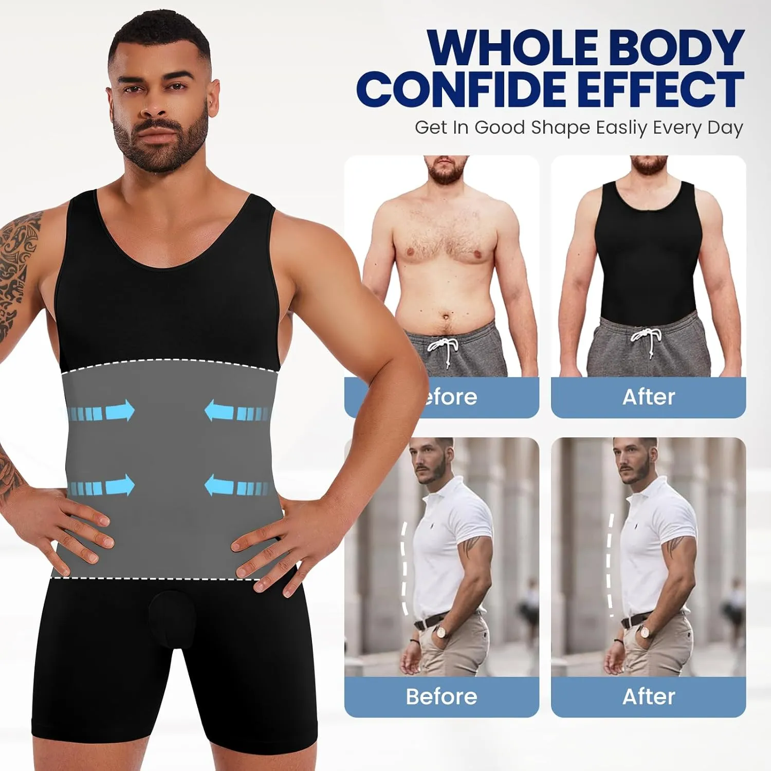 Mens Full Body Shaper Slimming Compression Bodysuit Shapewear Thigh Slimmer Tummy Control Fajas Para Hombres
