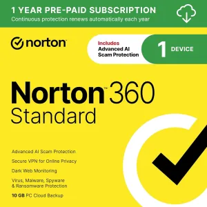 Norton 360 Standard 2025, Antivirus software for 1 Device with Auto-Renewal  Includes Advanced AI Scam Protection, VPN, Dark Web Monitoring & PC Cloud Backup [Download]