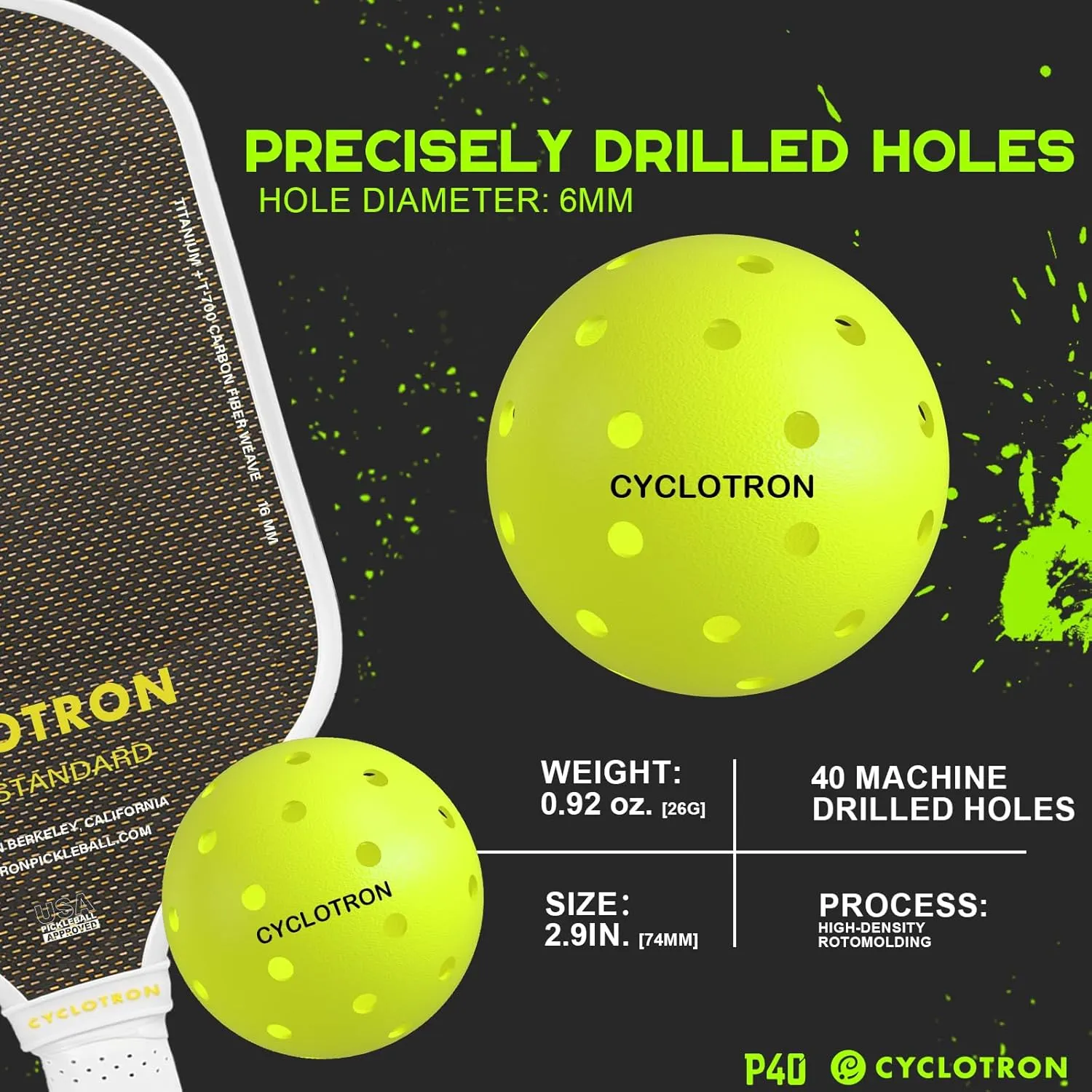 P-40 Outdoor Pickleball Balls  USAPA Approved Pickleballs, 40-Hole Precision Design, High Visibility, Durable Seamless HDPE Construction, 3/6 Pack