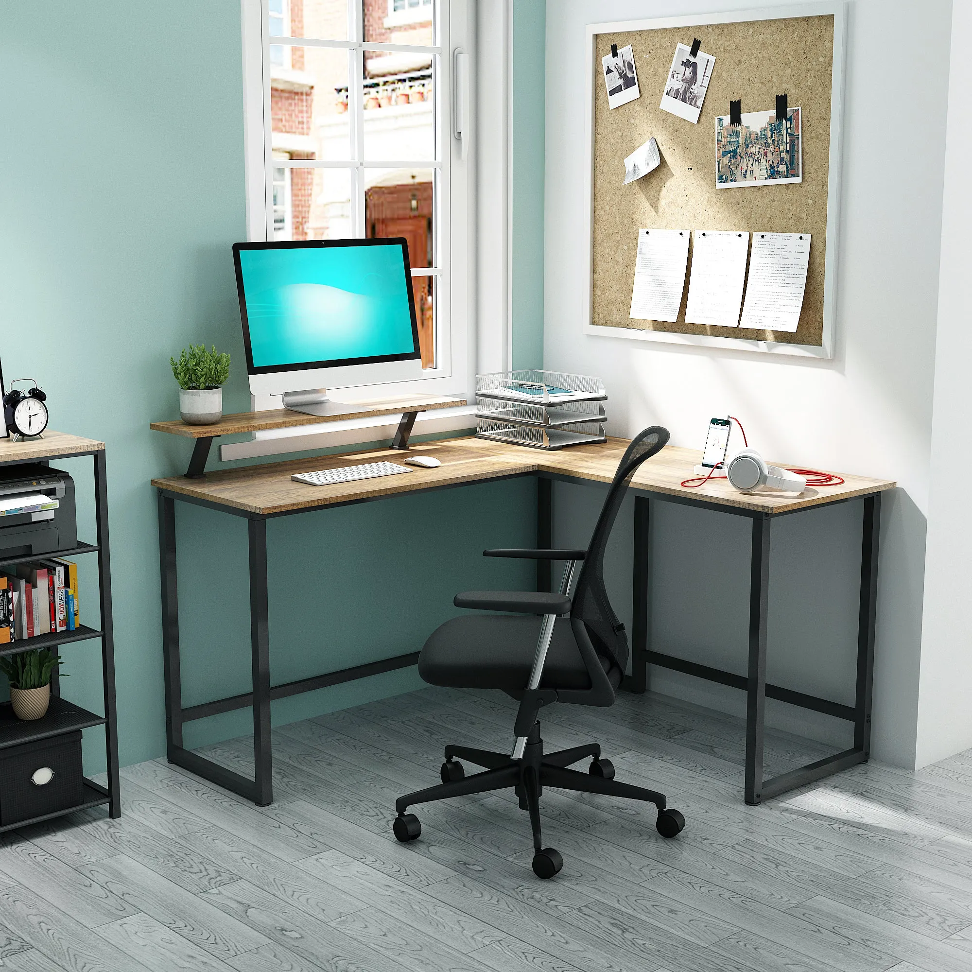 Retro Industrial Computer Table£¬L-shaped, with Monitor Stand
