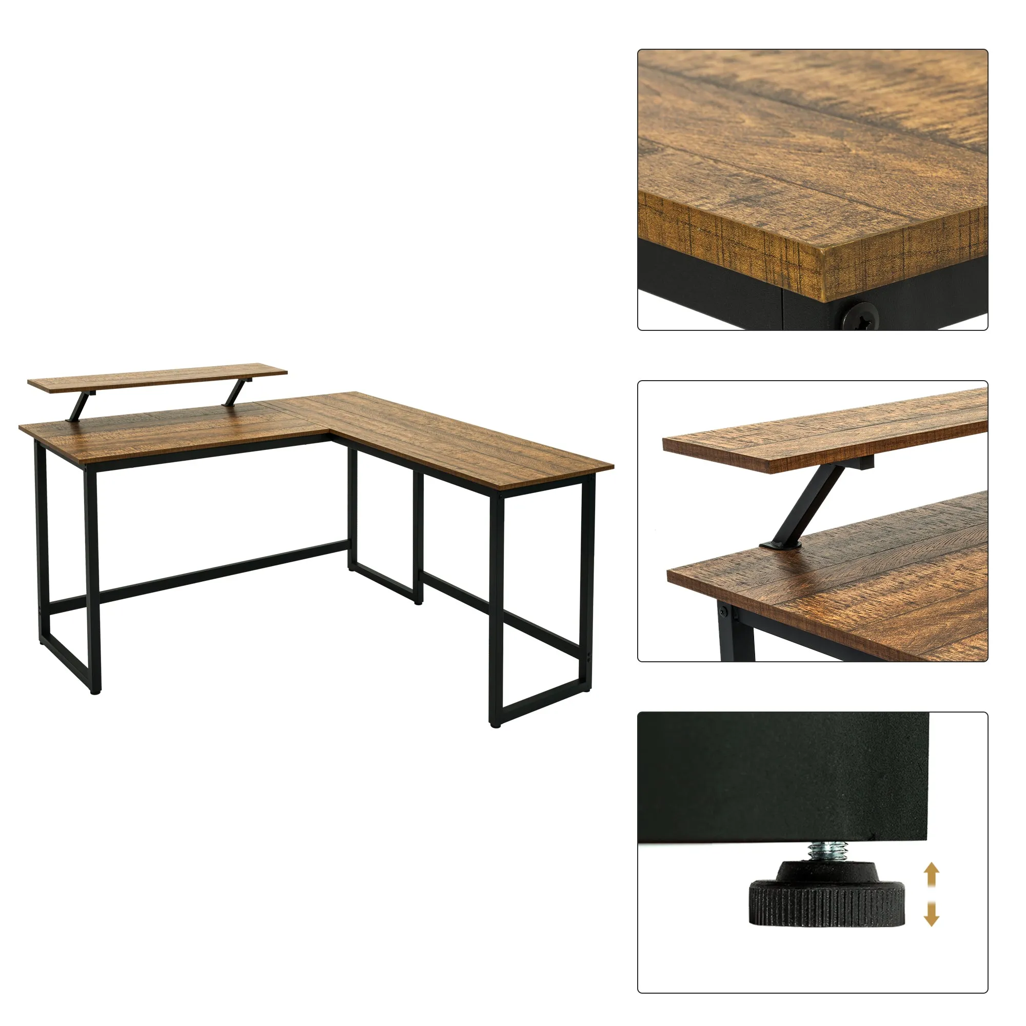 Retro Industrial Computer Table£¬L-shaped, with Monitor Stand