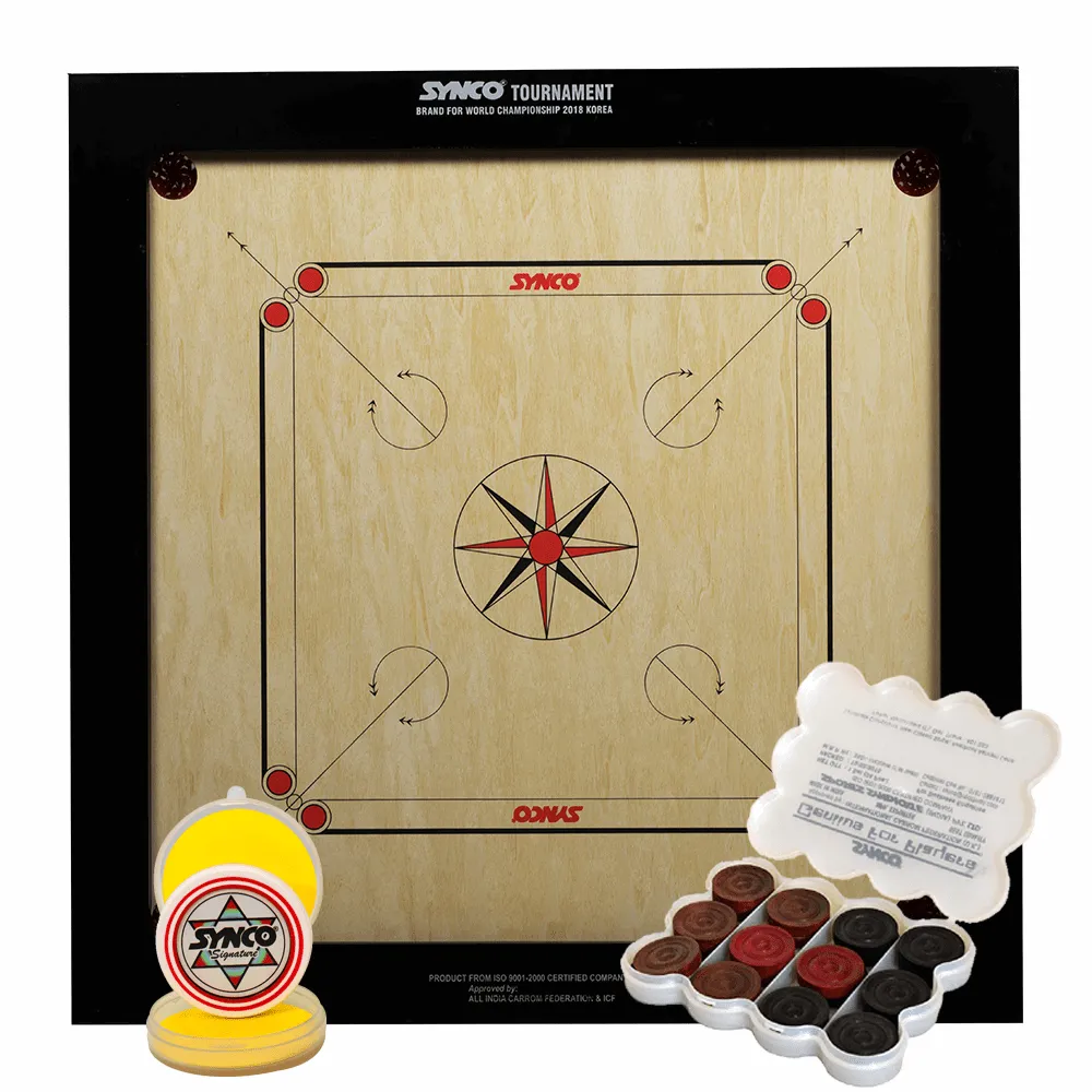 Synco Tournament Carrom Board 20mm ( Includes Synco Genius for Players coin set and Signature Striker )