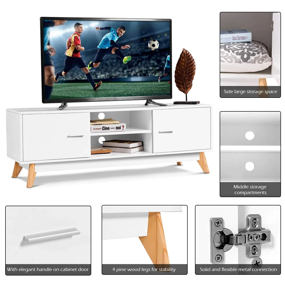 Tangkula Modern White TV Stand, Wooden TV Stand for 60 Inch TV, with 2 Storage Cabinets & 2 Open Shelves