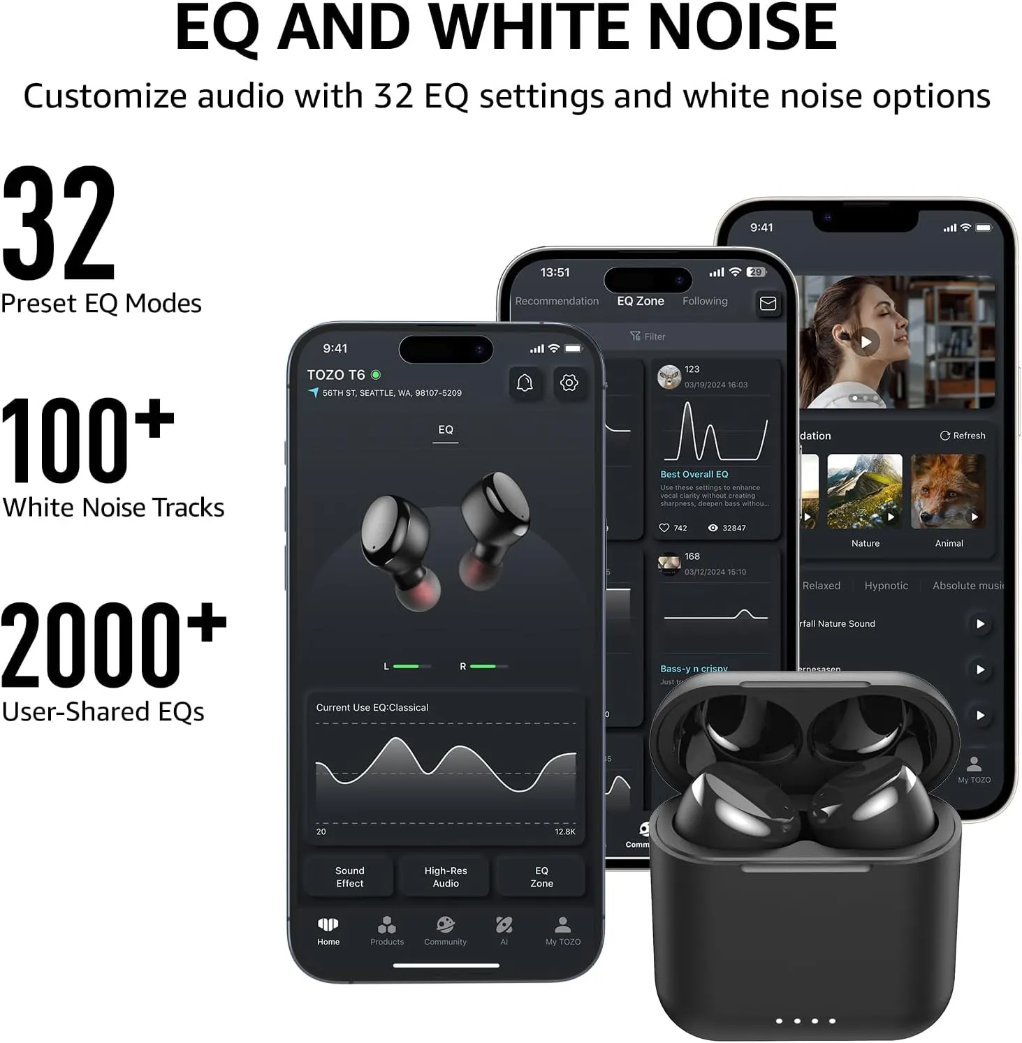 TOZO T6 True Wireless Earbuds Bluetooth 5.3 Headphones 50H Long Playtime, Wireless Charging Case, IPX8 Waterproof Stereo Earphones, Built-in Mic Calls, Headset Premium Deep Bass 32 Preset EQs via APP